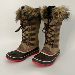 EUC Sorel 7 Joan of Arc leather fur snow boots waterproof women’s tan red